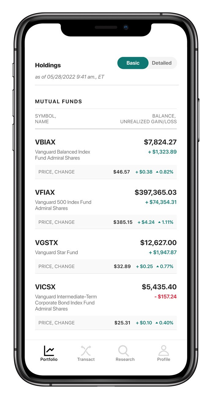 Vanguard mobile app portfolio detail screen