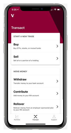 Vanguard mobile app transaction screen