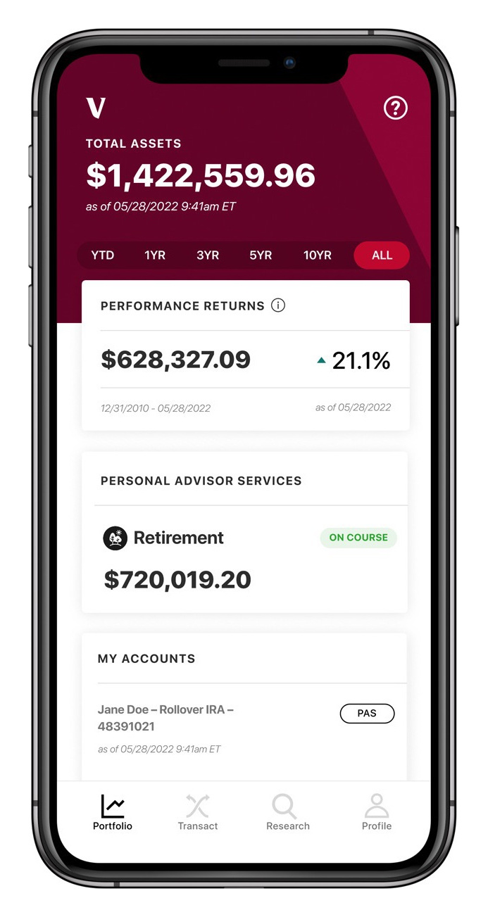 Vanguard mobile app portfolio home screen